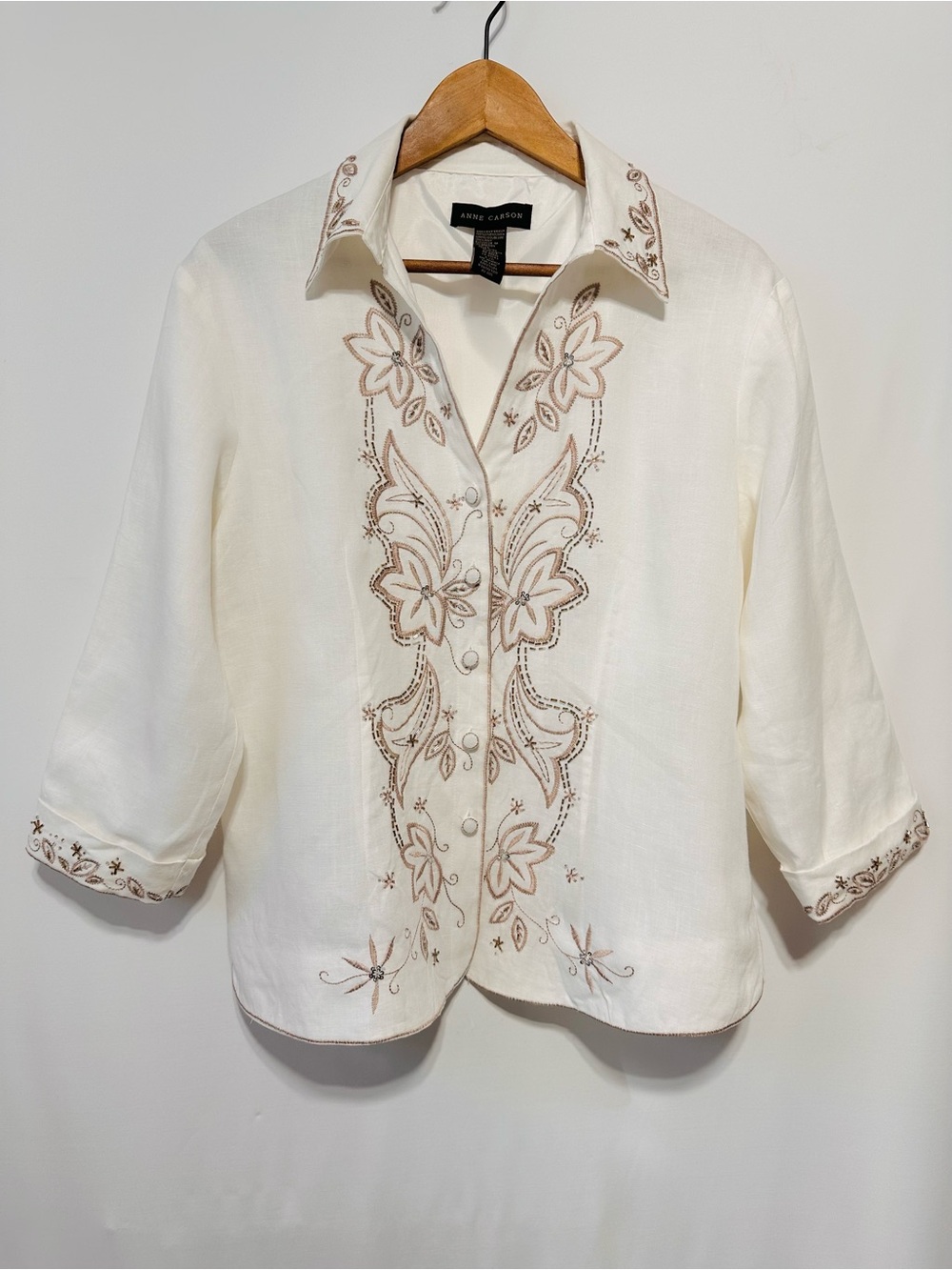 Anne Carson 100% Linen Embroidered Beaded Floral Blouse Ivory Ecru Romantic L